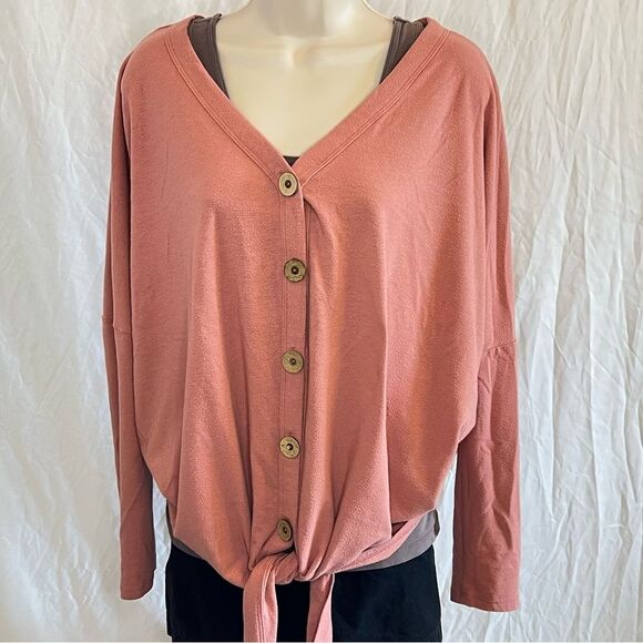Mauve Pink Long Sleeve Button Down Tie Front Blouse ~ Women’s Large - Picture 1 of 8